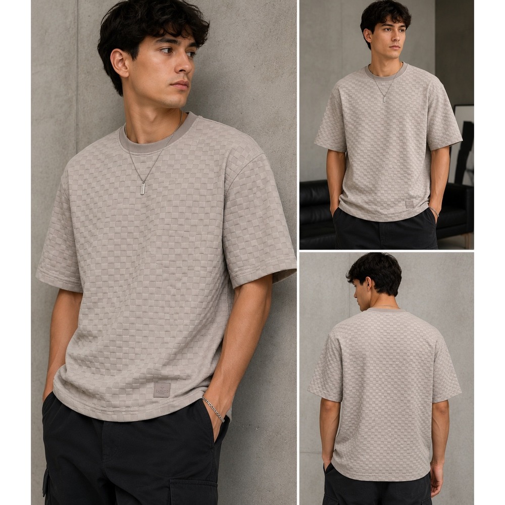 Saints Studio Quilted Checkerboard Textured Streetwear Neutral Shirt Top Sz L